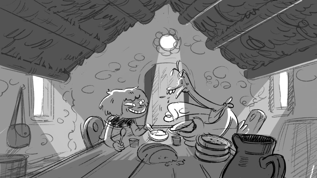 At home, the peasant purchases some porridge for a golden egg.