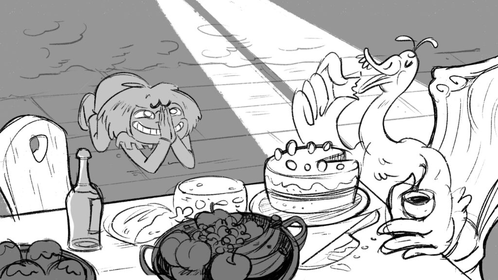 In order to get a bigger egg, he invests his coins in a delicious feast for the goose.