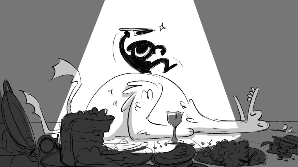 The peasant must find a shortcut to wealth. When the fat goose drift off to sleep...