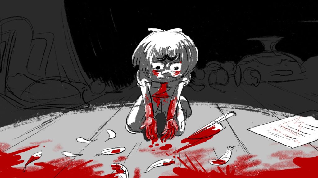 A shower of blood and feathers covers the castle. The poor peasant has learned a harsh lesson: “Those who have plenty often crave more — lose everything.”